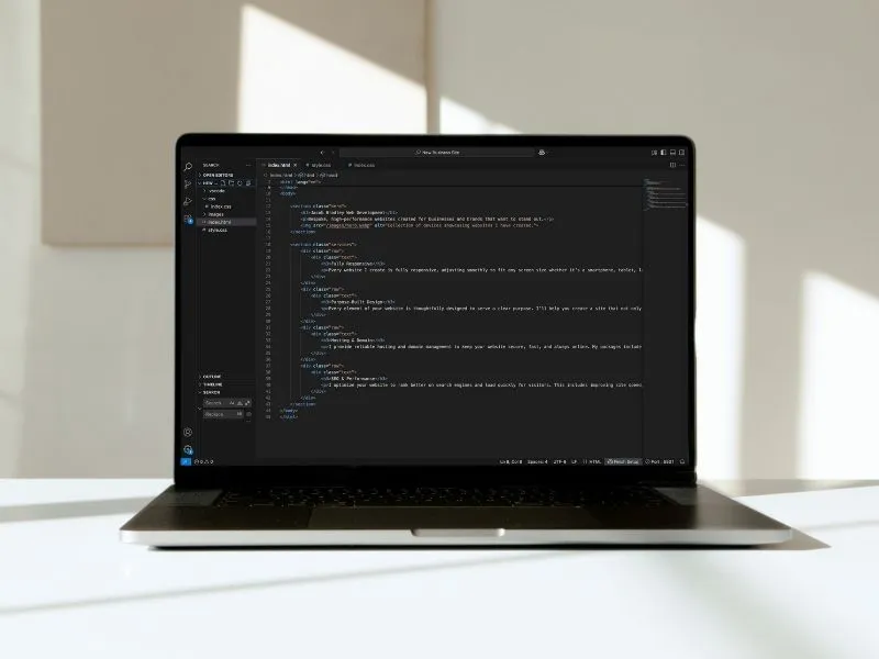 A laptop open with a code editor open full of HTML code.